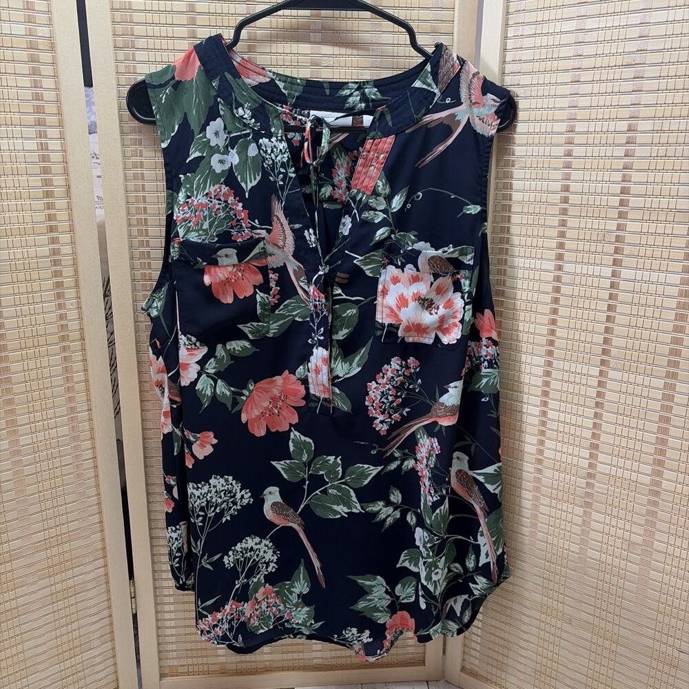 New York & Company Top Women's Large Blue Floral Bird Sleeveless
